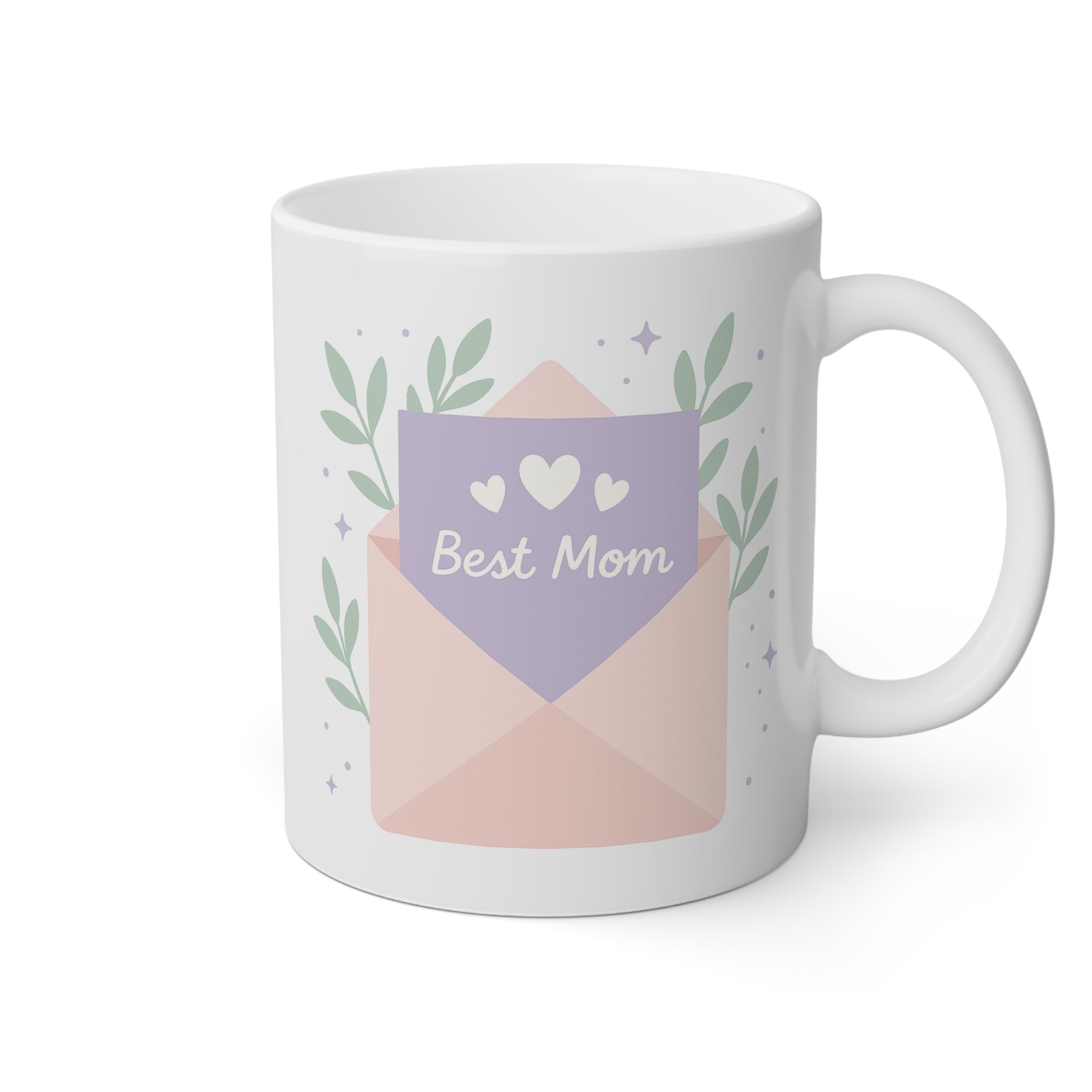 Taza blanca con una carta y la frase Best Mom