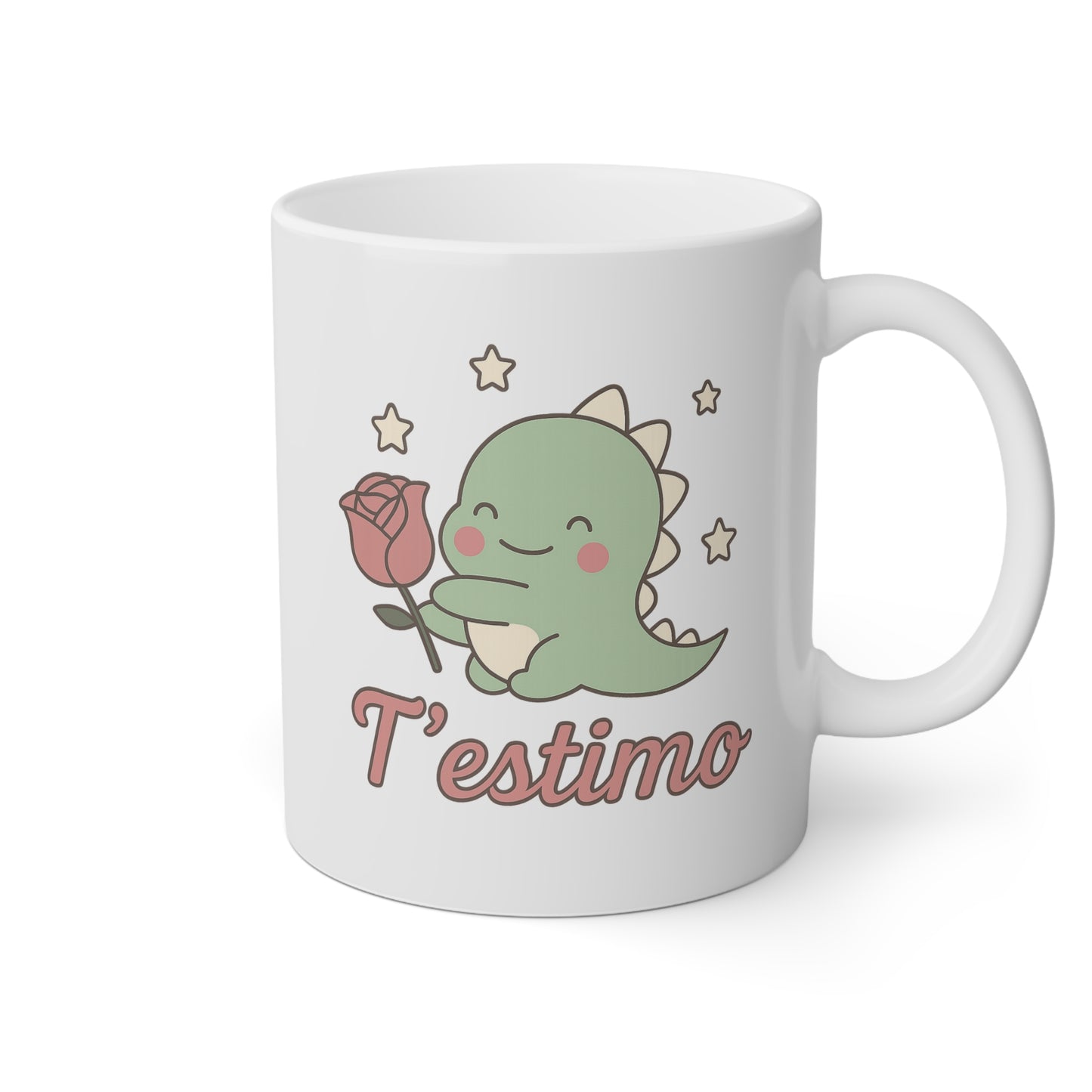 Taza blanca con el Drac de Sant Jordi y una rosa y la frase t'estimo