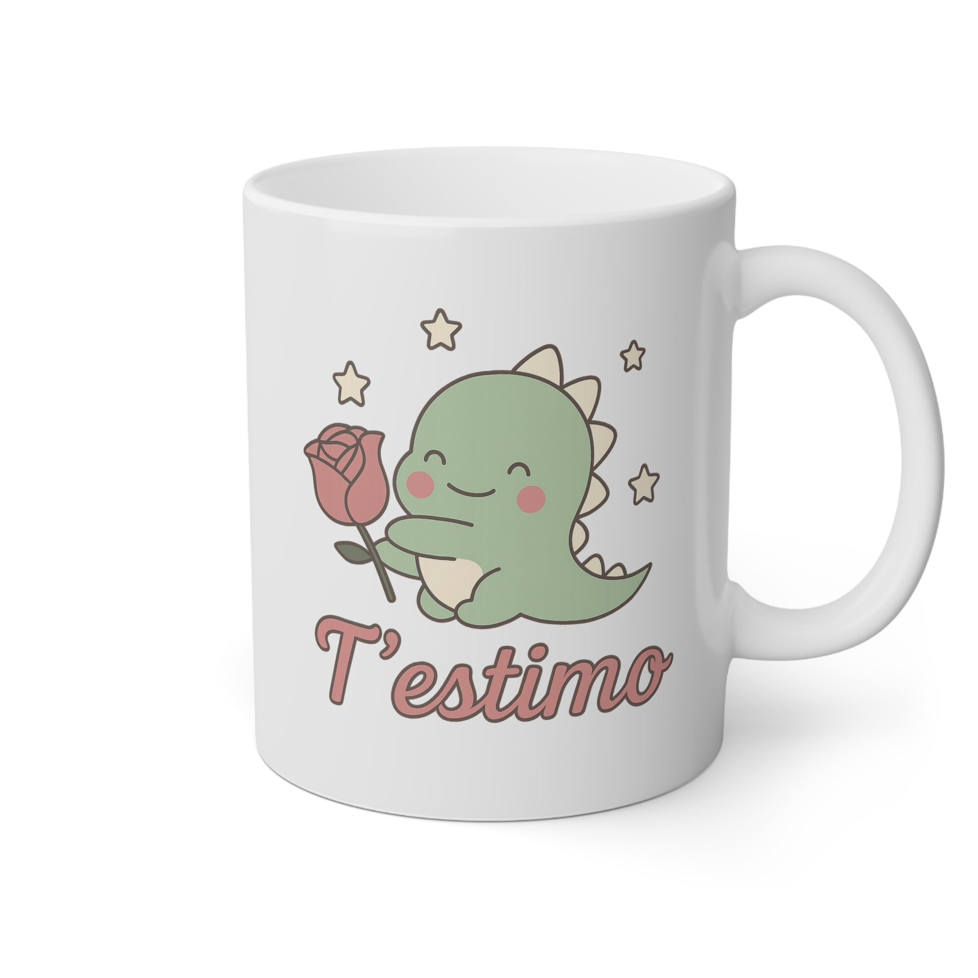 Taza blanca con el Drac de Sant Jordi y una rosa y la frase t'estimo