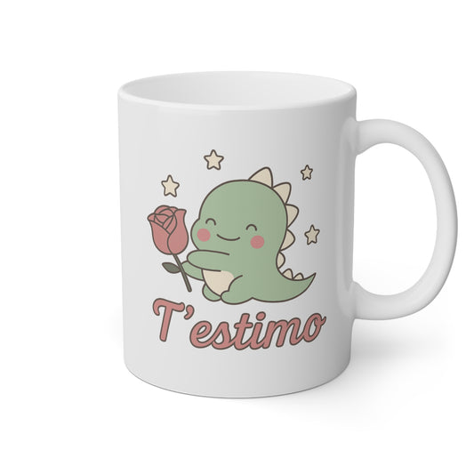 Taza blanca con el Drac de Sant Jordi y una rosa y la frase t'estimo