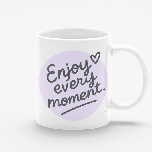 Taza blanca Enjoy Every Moment lila