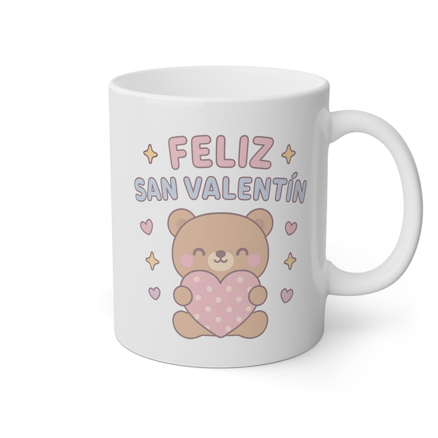 Taza blanca con un osito y la frase Feliz San Valentín