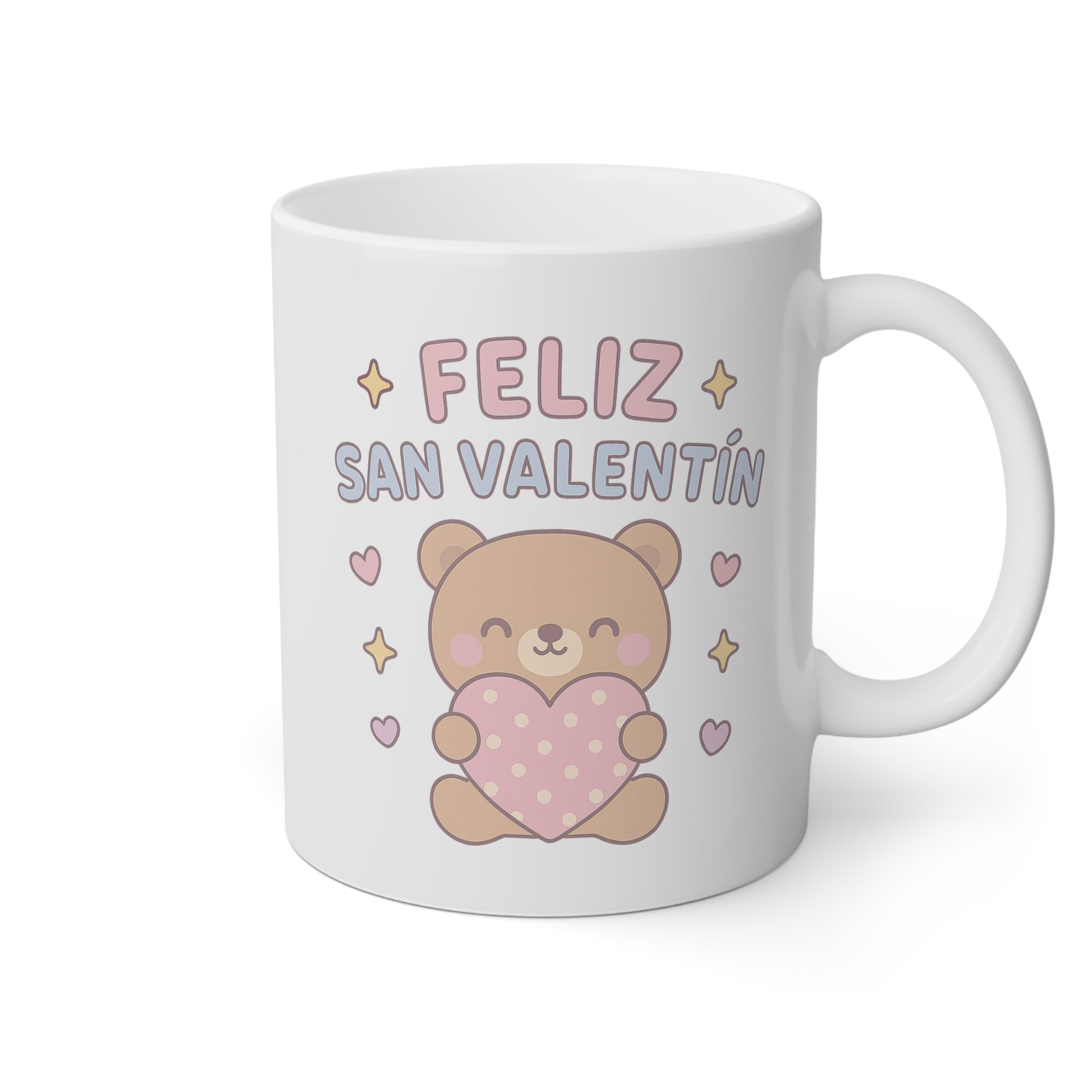 Taza blanca con un osito y la frase Feliz San Valentín