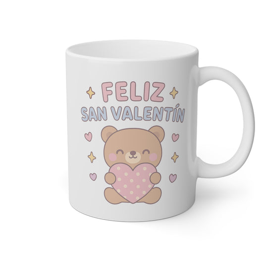 Taza blanca con un osito y la frase Feliz San Valentín