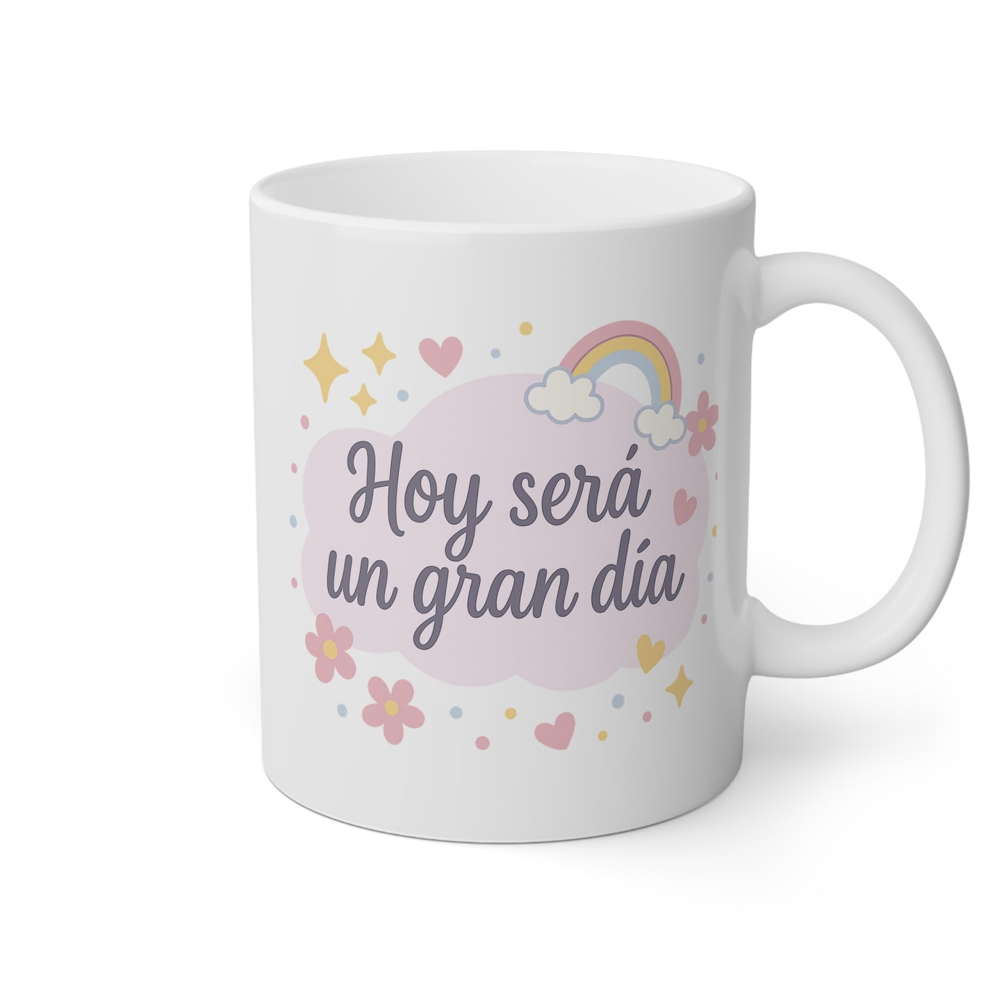 Taza blanca con la frase hoy será un gran día