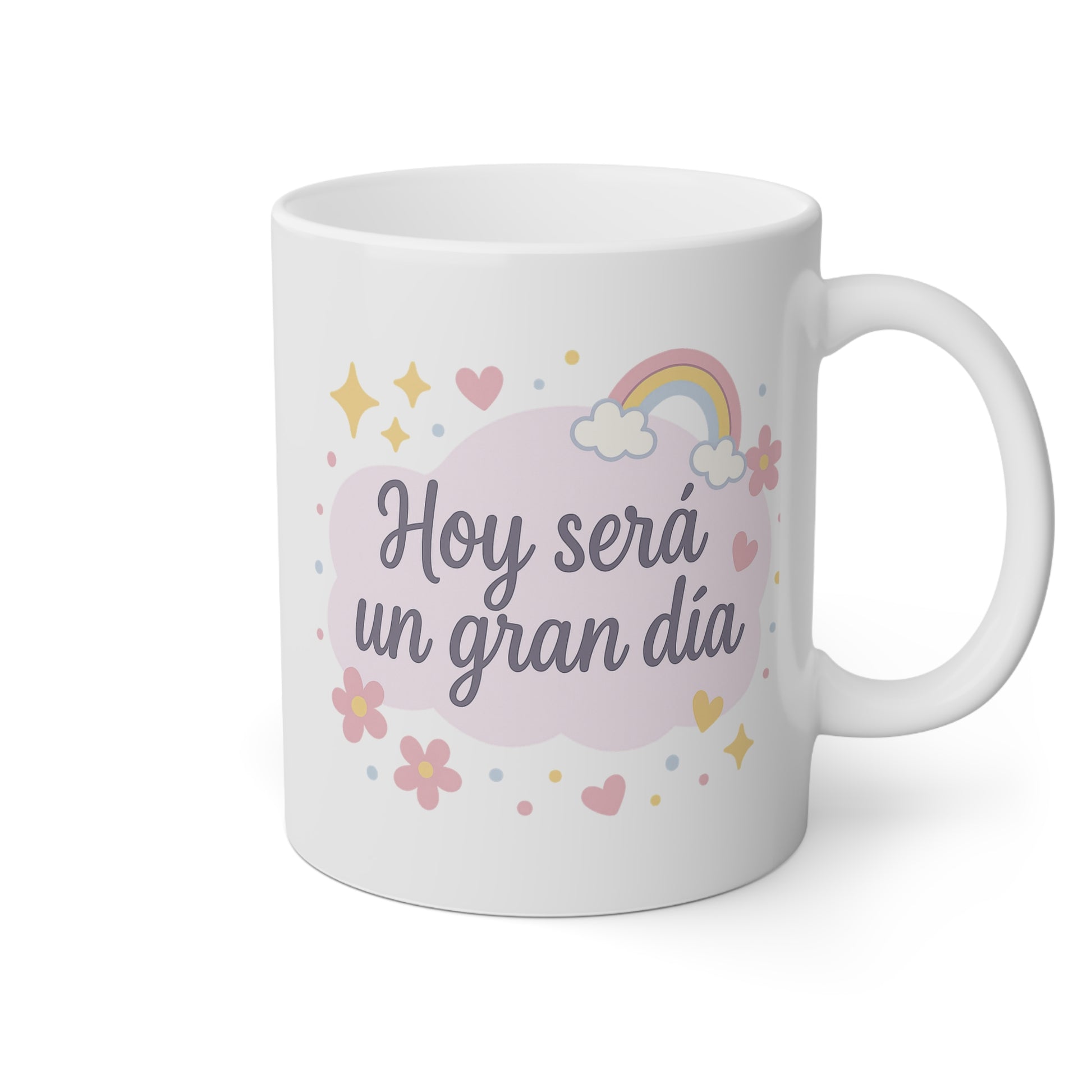 Taza blanca con la frase hoy será un gran día