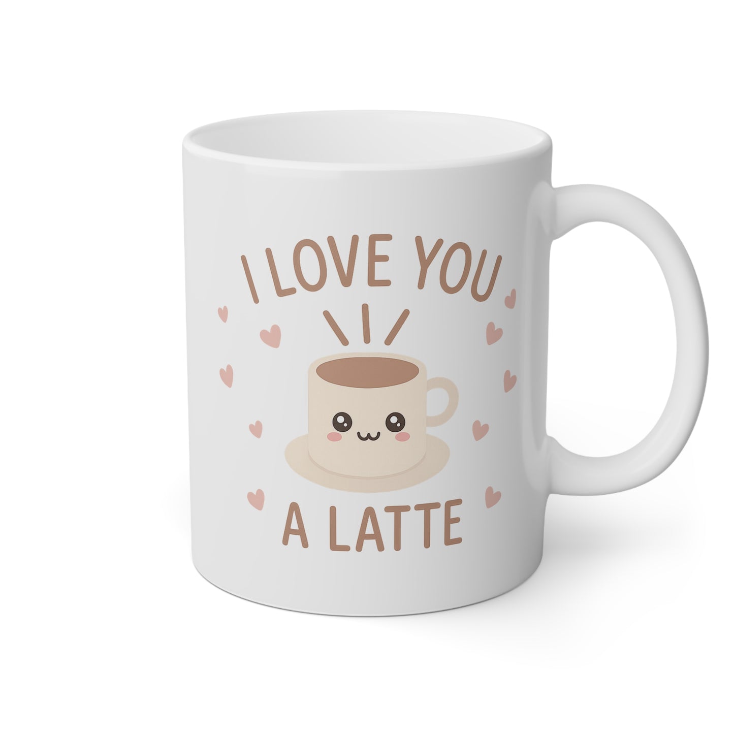 Taza blanca con un café bonito y la frase I love you a latte