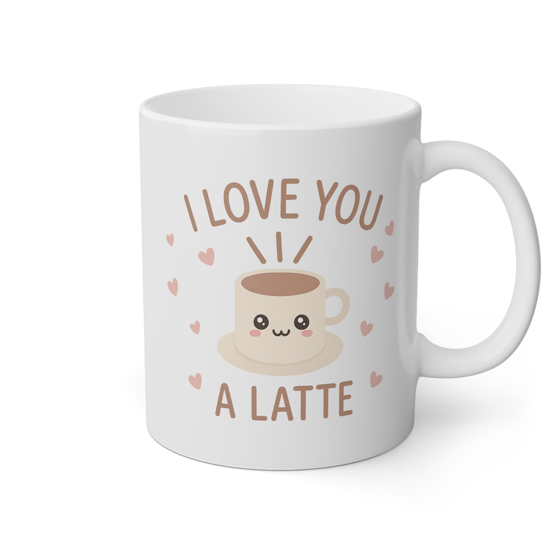Taza blanca con un café bonito y la frase I love you a latte