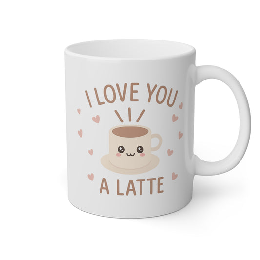 Taza blanca con un café bonito y la frase I love you a latte