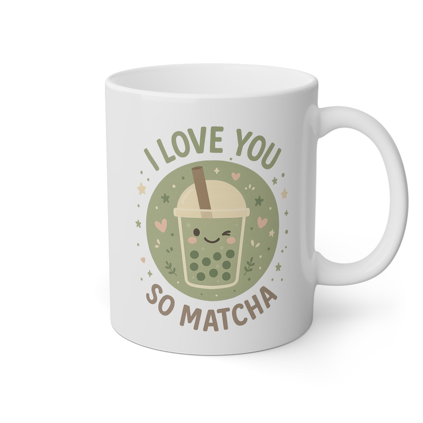 Taza blanca con un vasito bonito y la frase I love you so matcha