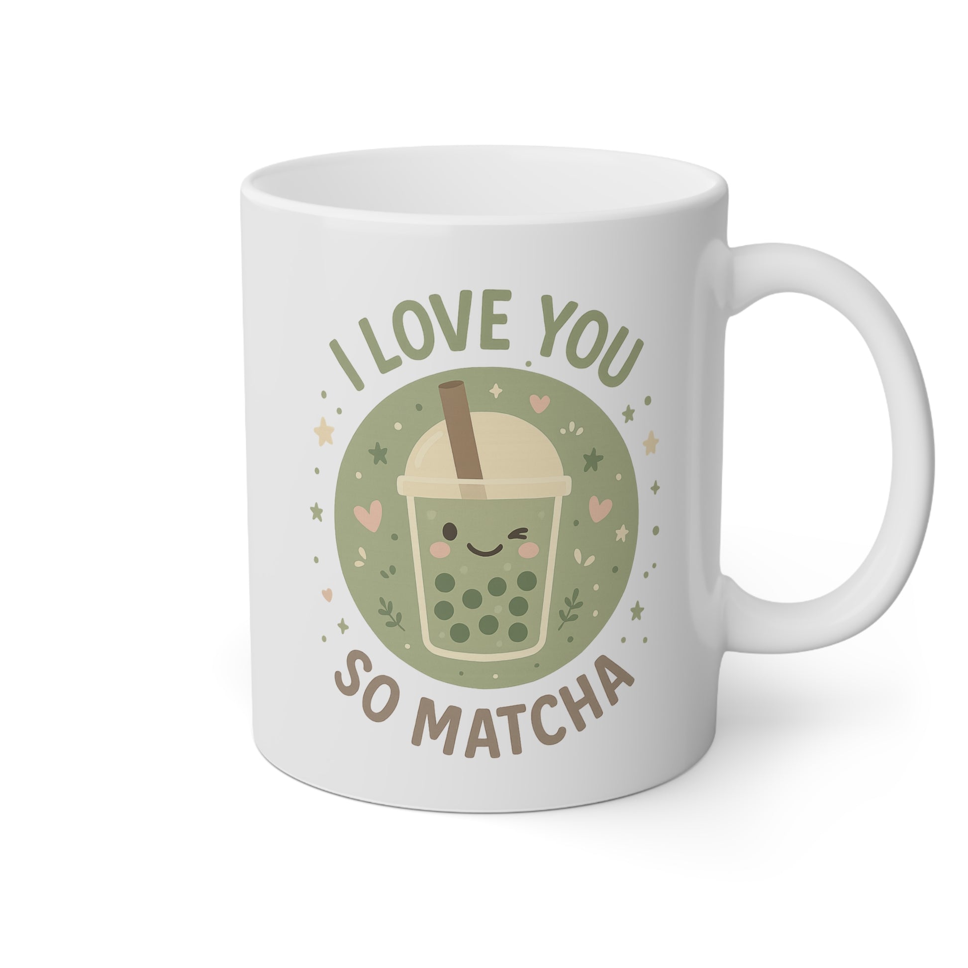 Taza blanca con un vasito bonito y la frase I love you so matcha