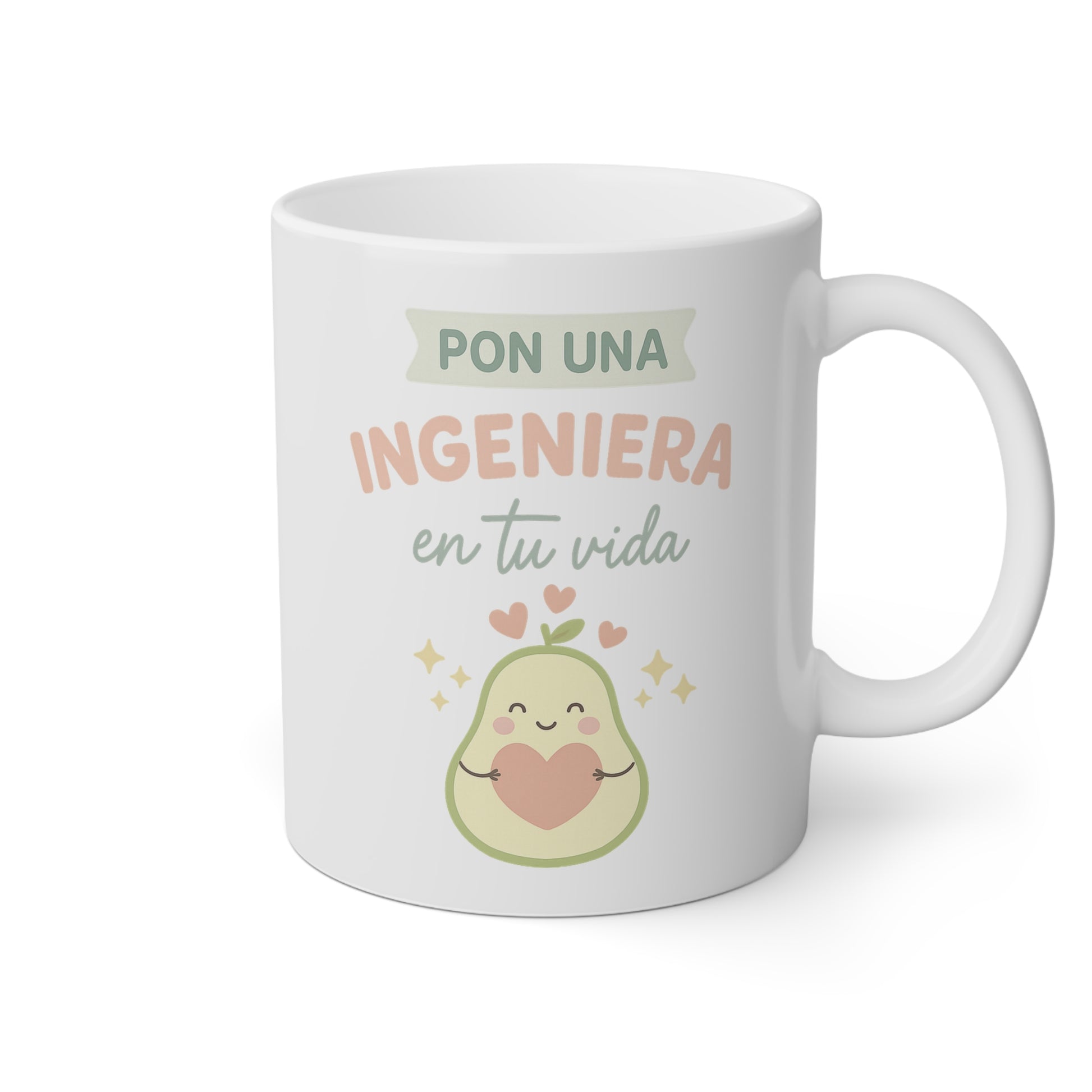 Taza blanca con un aguacate y la frase pon una ingeniera en tu vida