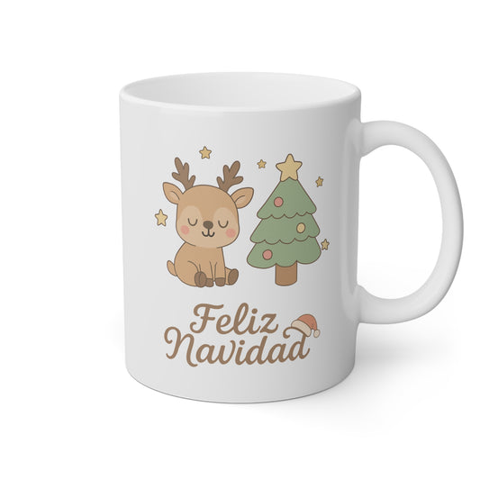Taza blanca con un reno y la frase Feliz Navidad