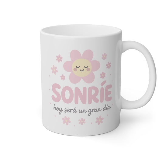 Taza blanca Sonríe hoy será un gran día