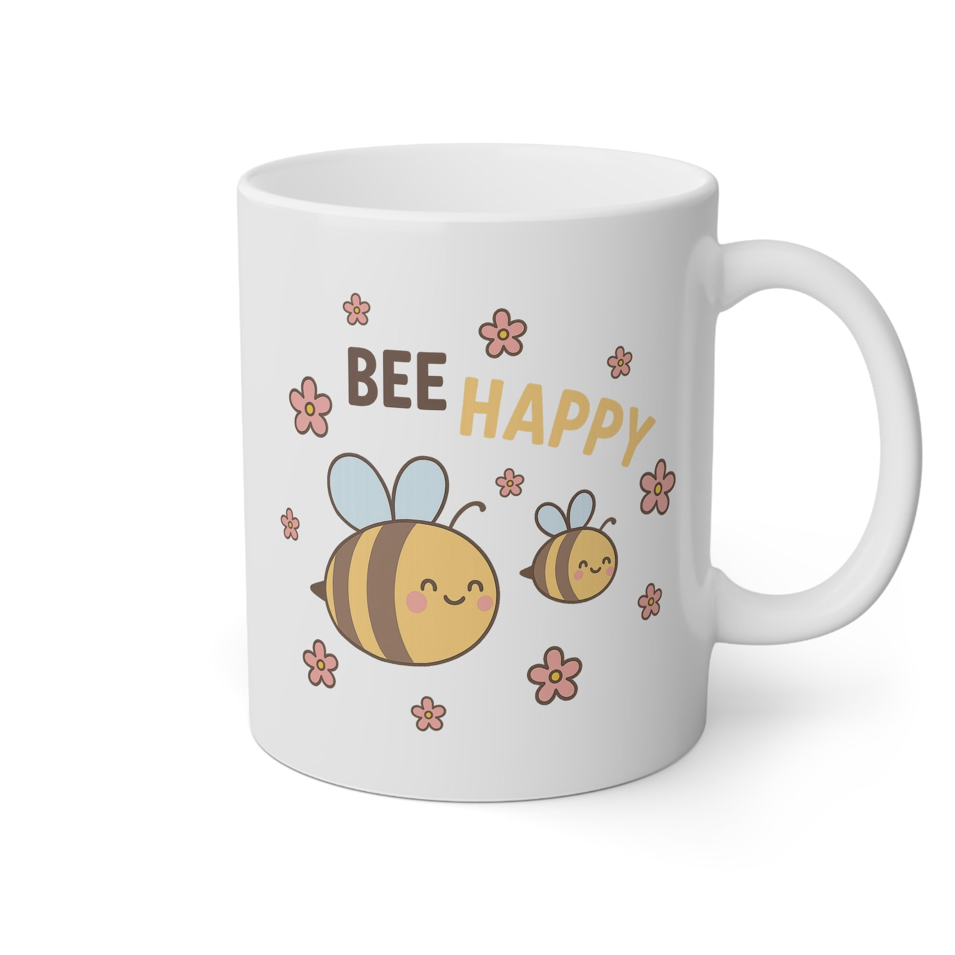 Taza blanca con abejitas y flores y la frase bee happy