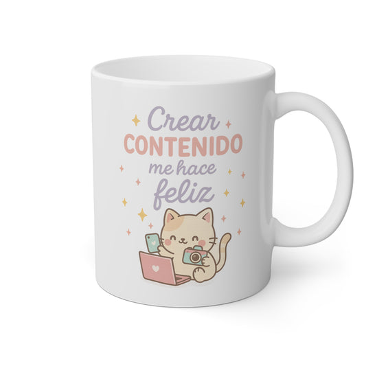 Taza blanca con un gatito bonito y la frase crear contenido me hace feliz