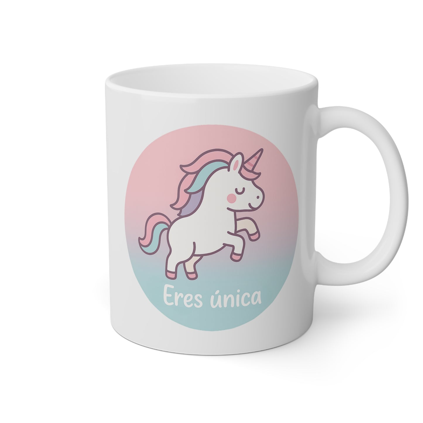 Taza blanca con un unicornio y la frase eres única