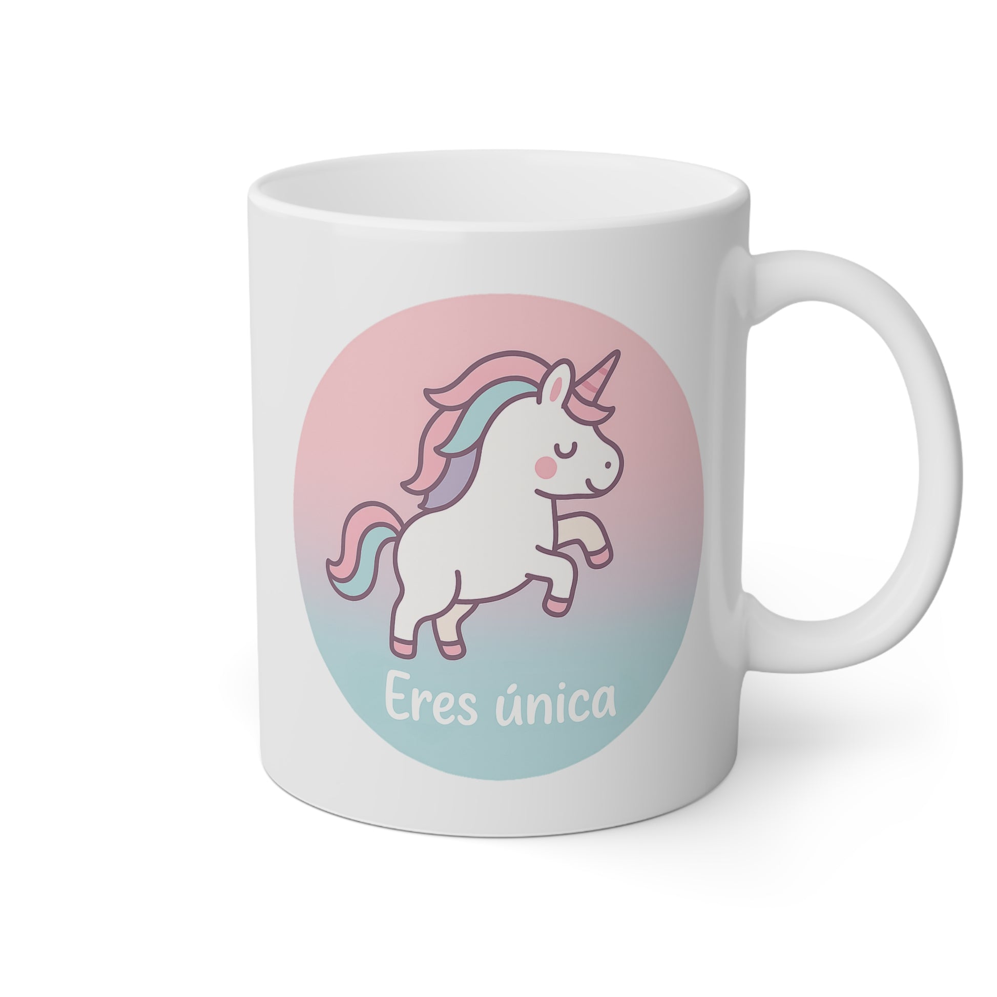 Taza blanca con un unicornio y la frase eres única