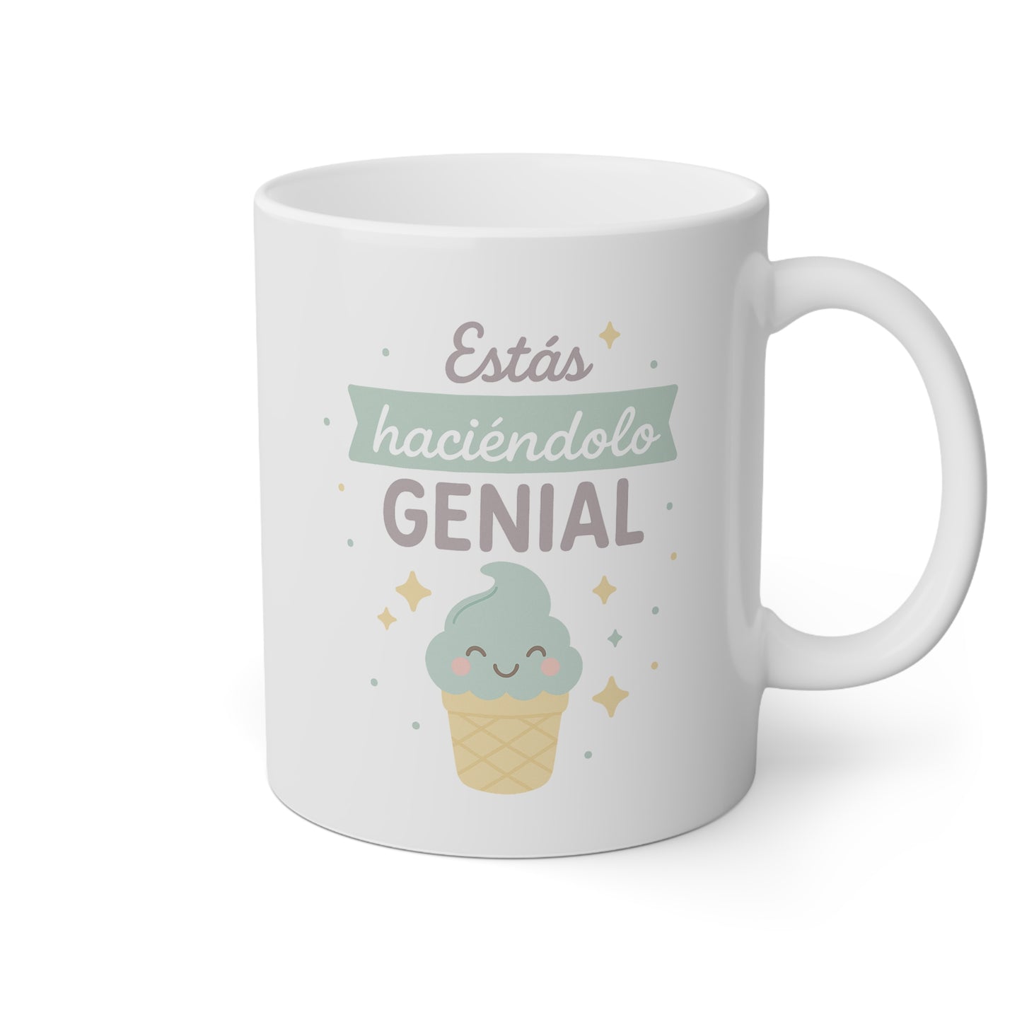 Taza blanca con un cupcake bonito y la frase estás haciéndolo genial
