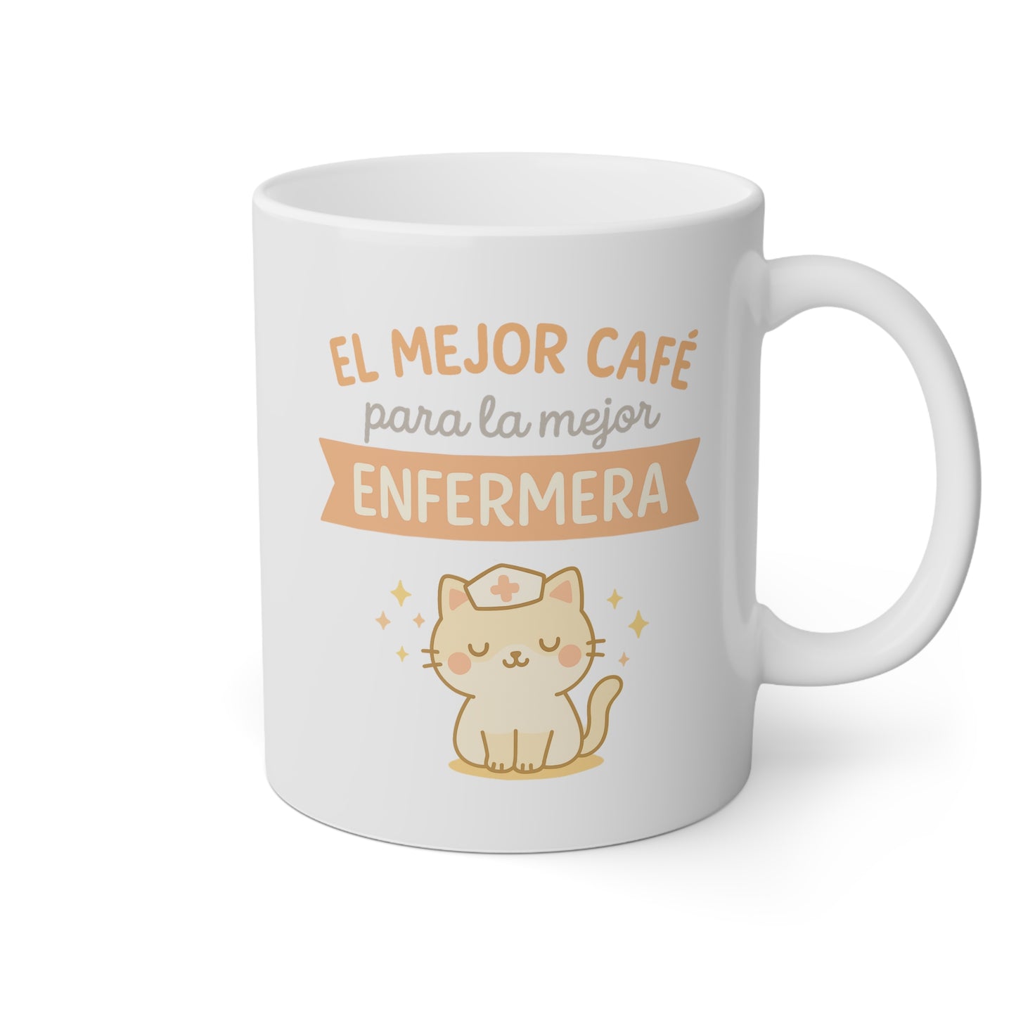 Taza blanca con un gatito y la frase el mejor café para la mejor enfermera