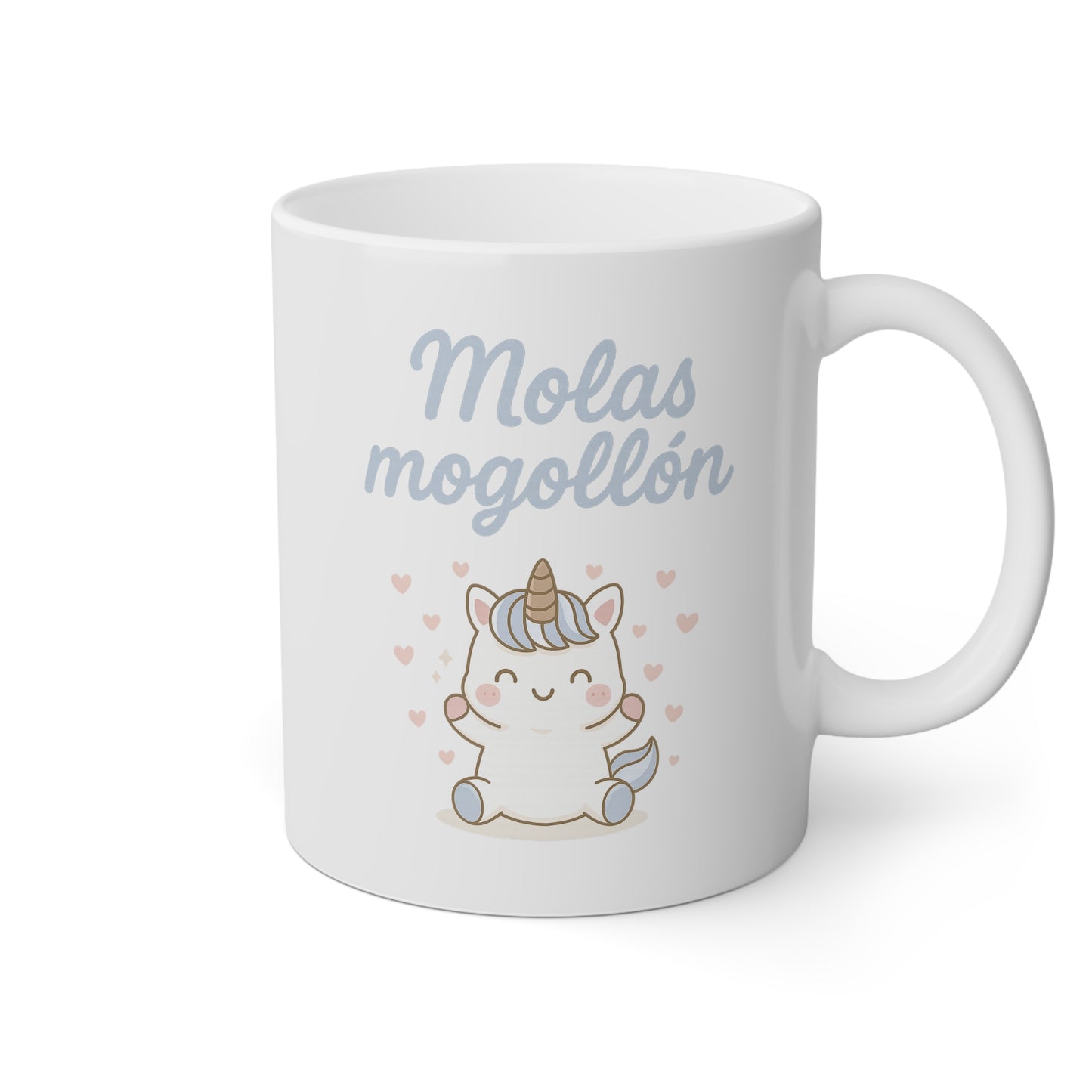 Taza blanca con la frase molas mogollón y un unicornio adorable