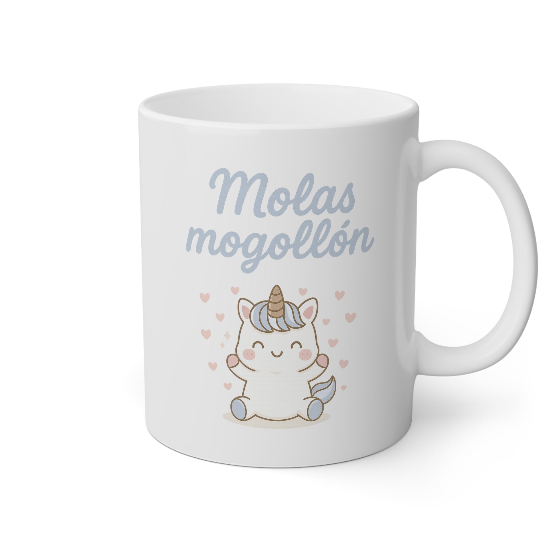 Taza blanca con la frase molas mogollón y un unicornio adorable