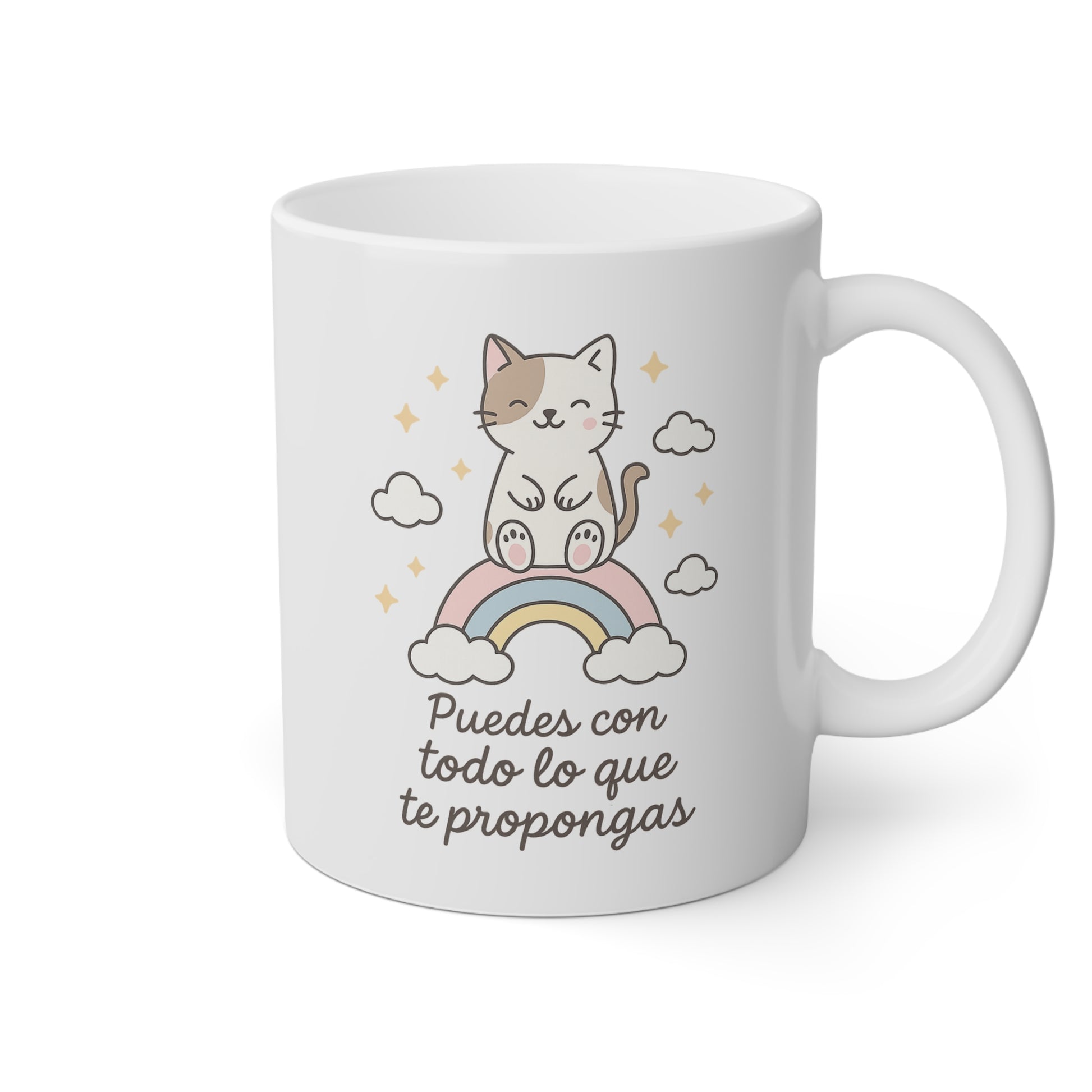 Taza blanca con la frase puedes con todo con un gatito en un arcoíris
