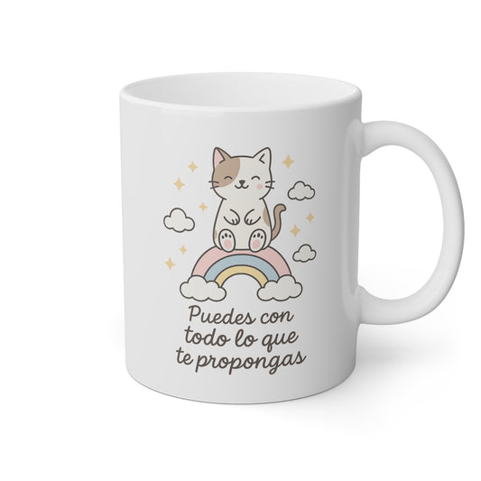 Taza blanca con la frase puedes con todo con un gatito en un arcoíris