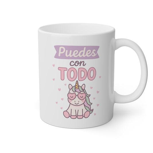 Taza blanca con la frase puedes con todo y un unicornio con gafas de sol