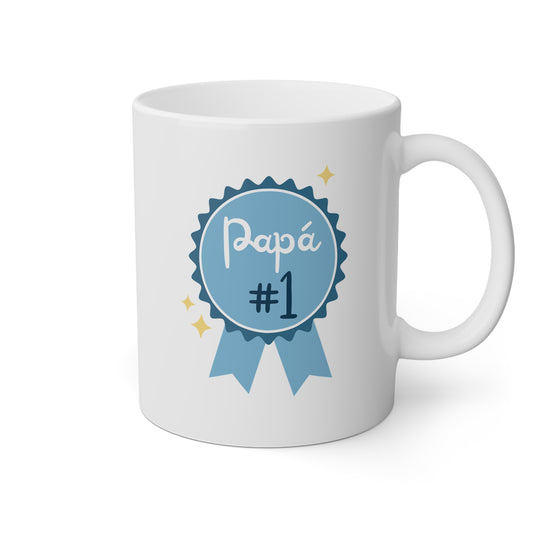 Taza blanca con una medalla papá número 1