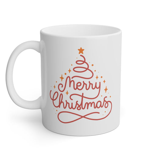 Taza blanca con un árbol con la frase Merry Christmas en rojo