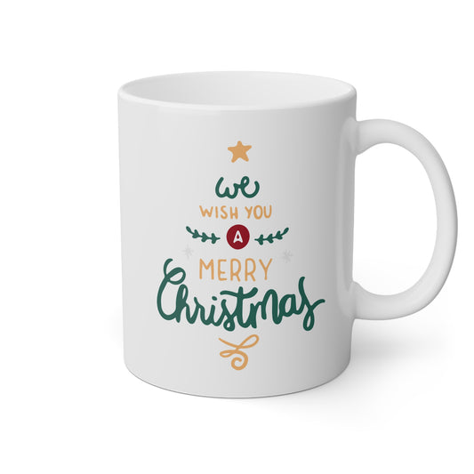 Taza árbol Navidad con la frase we wish you a Merry Christmas