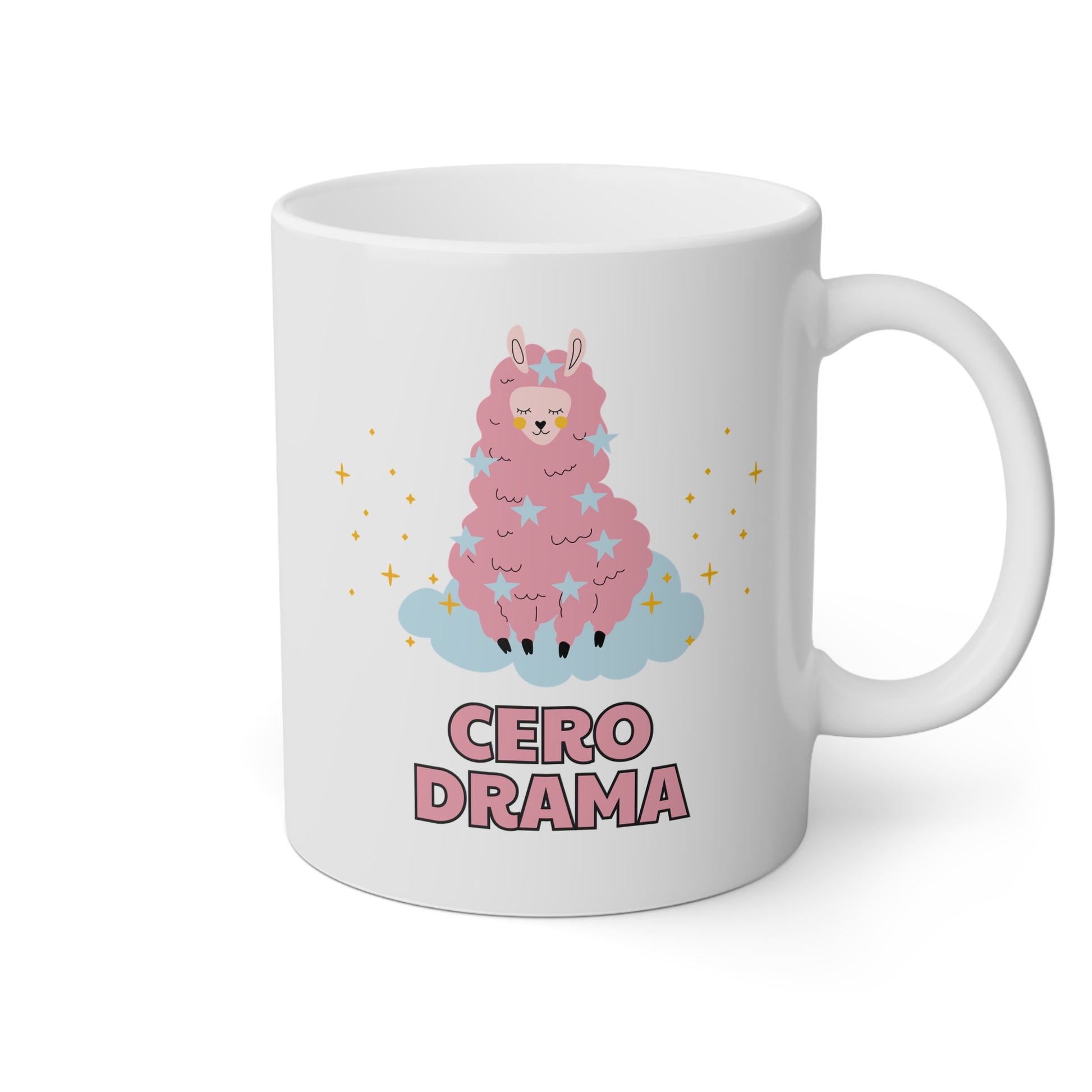 Taza blanca con una oveja y la frase cero dramas
