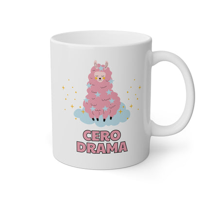 Taza blanca con una oveja y la frase cero dramas