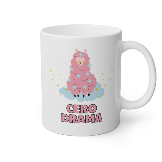 Taza blanca con una oveja y la frase cero dramas