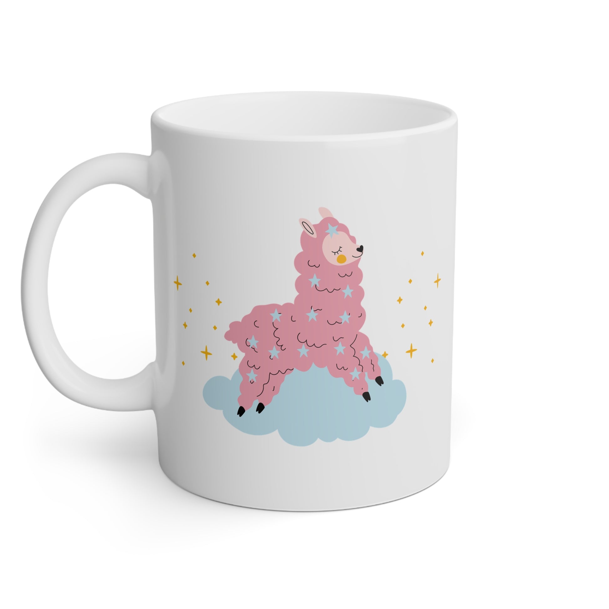 Taza blanca con una oveja flotando por el cielo