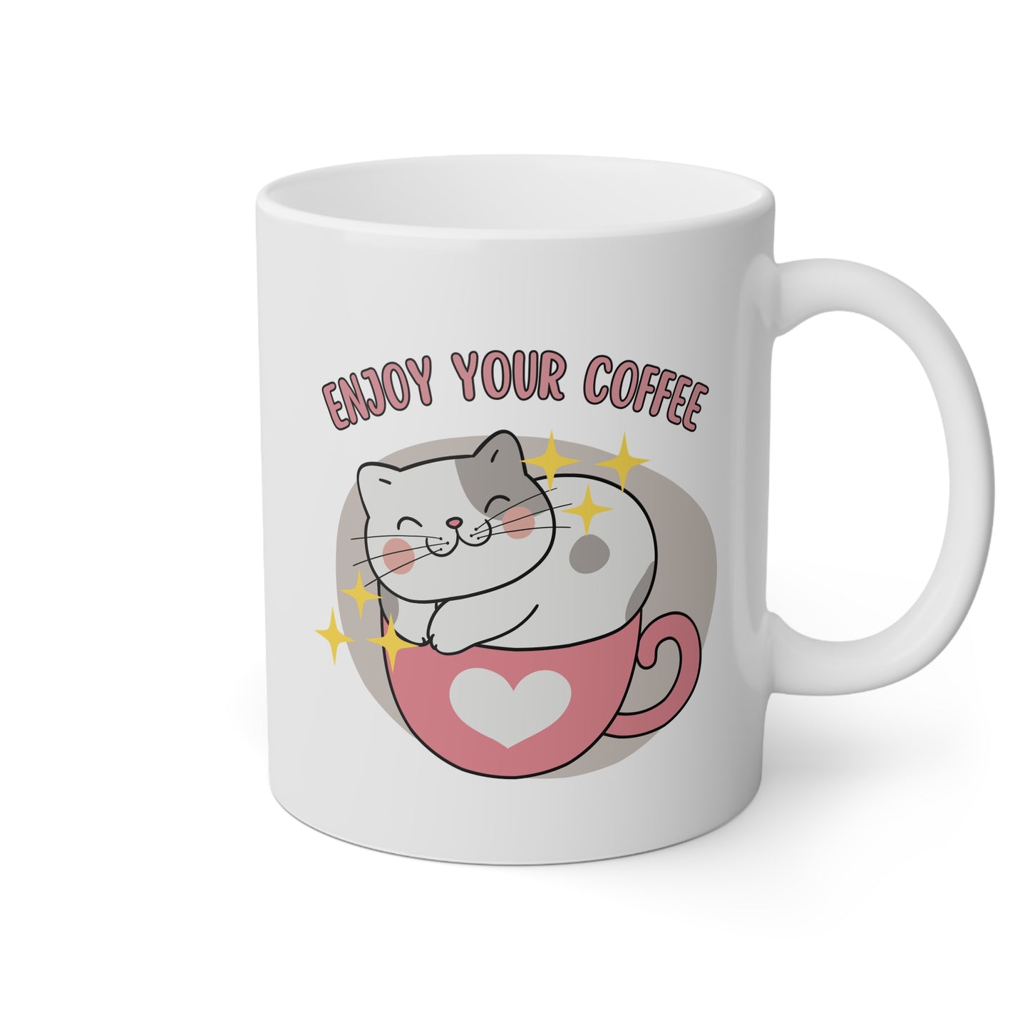 Taza blanca con un gatito dentro de una taza y la frase enjoy your coffee