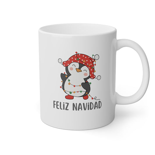 Taza blanca con un pingüino y la frase Feliz Navidad