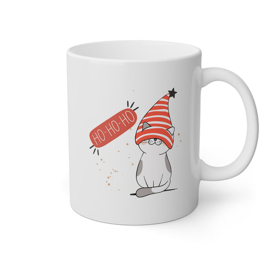 Taza blanca con un gatito con gorrito de Navidad Ho Ho Ho