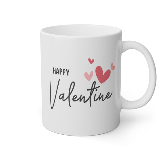 Taza blanca con corazones y la frase Happy Valentine