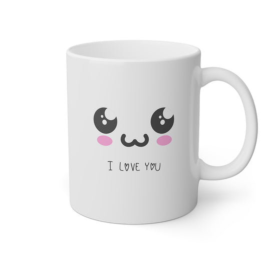 Taza blanca con una carita y la frase I love you