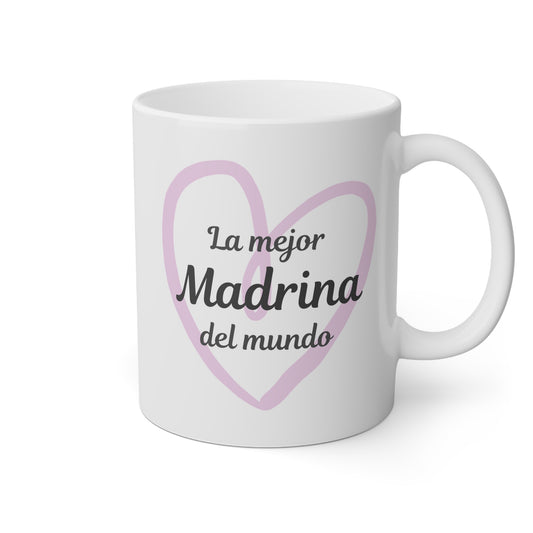 Taza blanca con un corazón y la frase para la mejor madrina del mundo