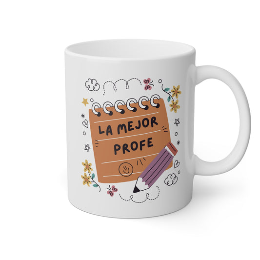 Taza blanca con una libreta y la frase la mejor profe