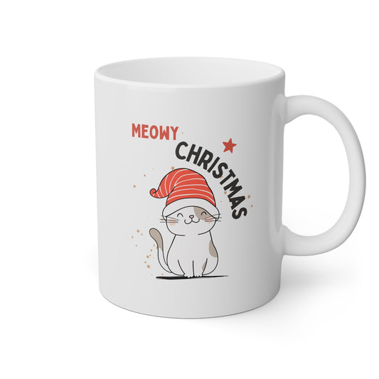 Taza blanca Navidad con un gatito y la frase Meowy Christmas