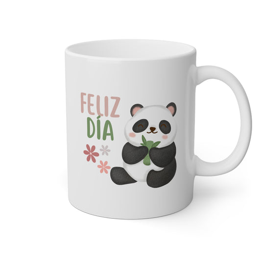 Taza blanca con un osito panda y la frase feliz día
