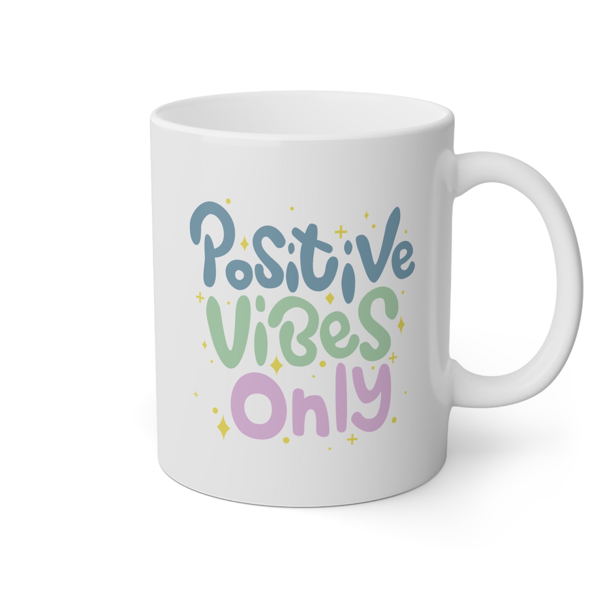 Taza blanca con la frase positive vibes only