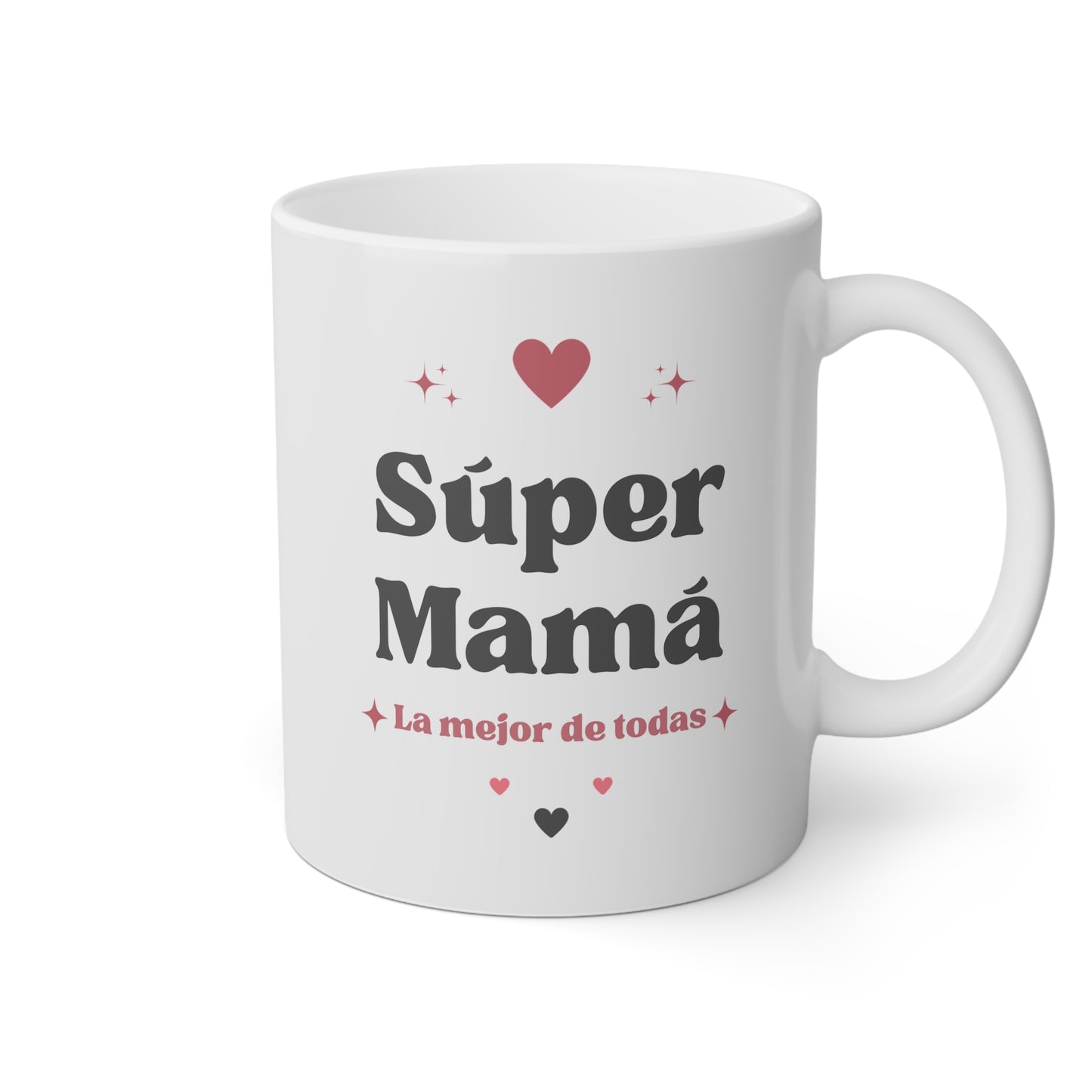 Taza blanca con la frase súper mamá, la mejor de todas
