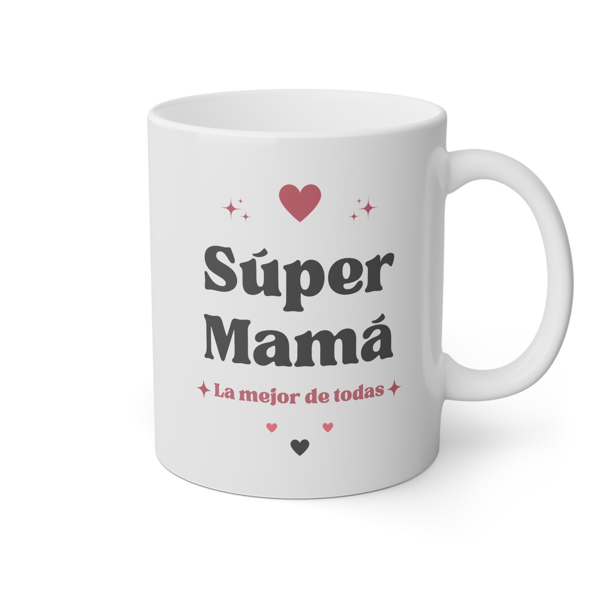 Taza blanca con la frase súper mamá, la mejor de todas