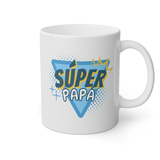 Taza blanca con un escudo que pone súper papá
